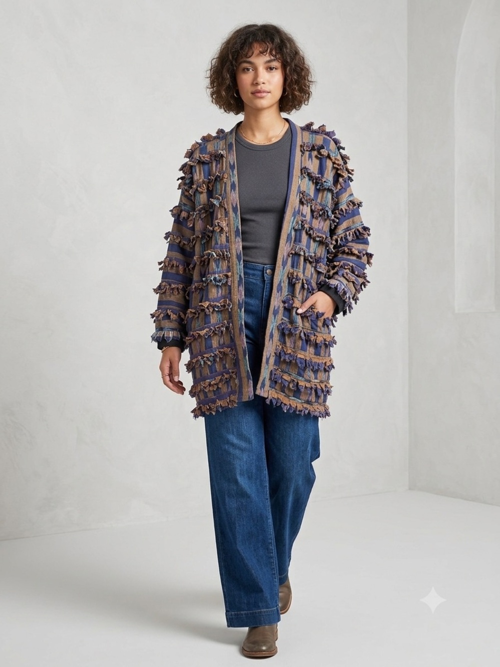 Paula Sweet Muslin Mink Fringed Open jacket in Blue and Brown Small oversized